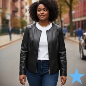 Vintage 90s Y2K Clio 2 Chic Black Crop Minimalist Leather Jacket Plus 16 Womens